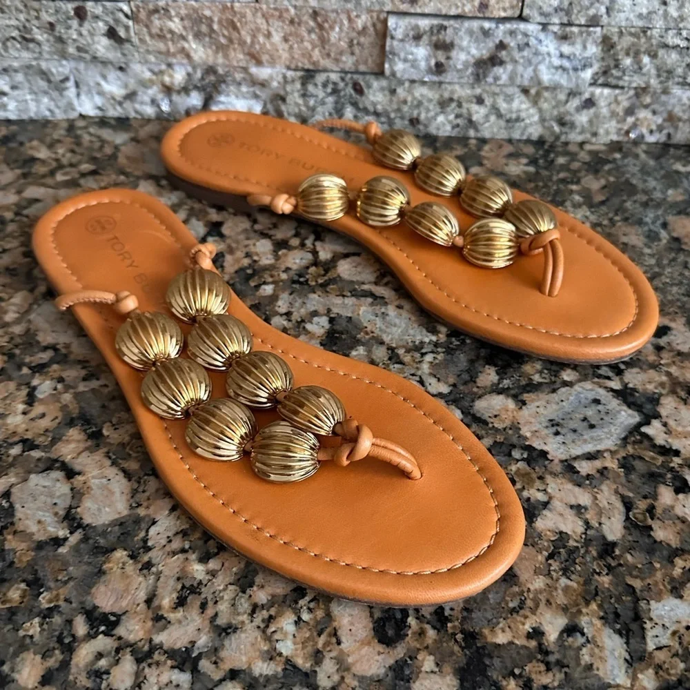 Tory Burch Capri Beaded Orange Leather Thong Sandals Size 7